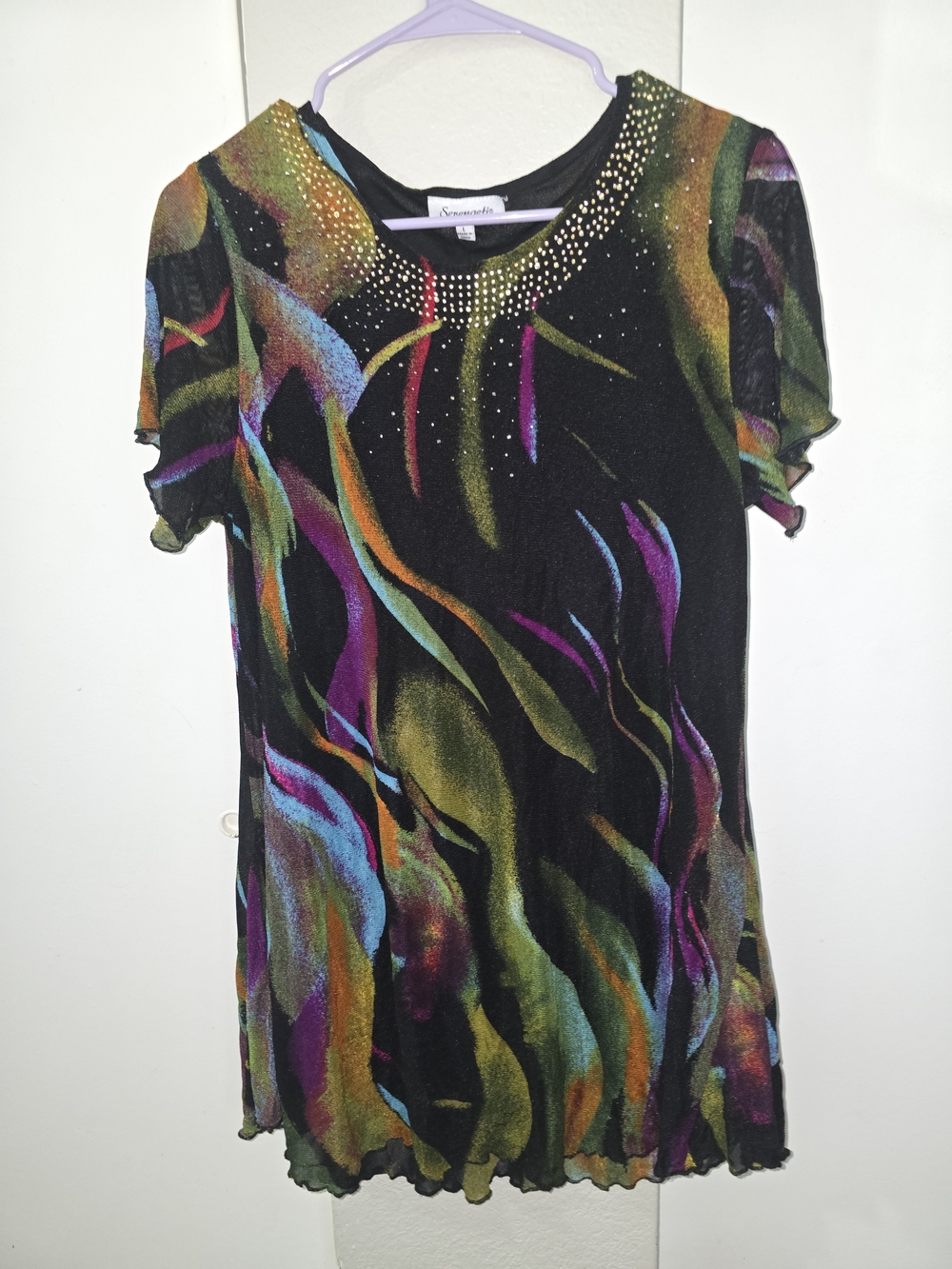 Serengeti Black Multicolor Rhinestone-Accent Short Sleeve Tunic Dress Up Dress